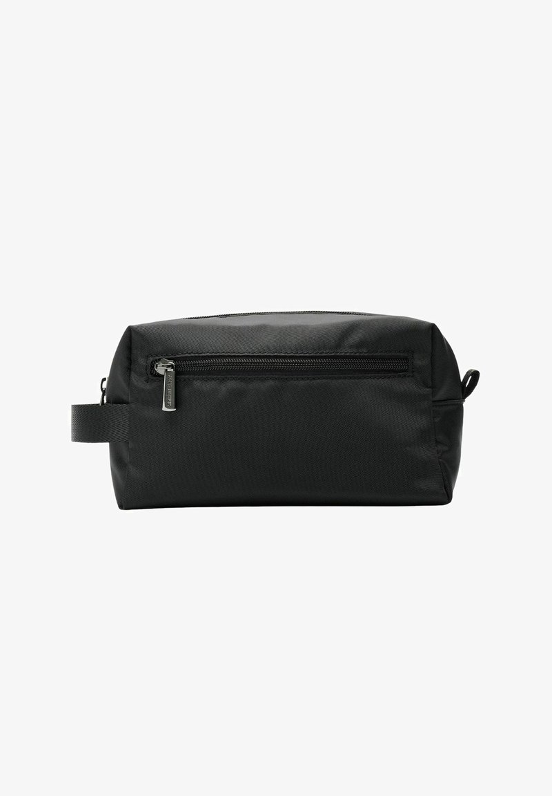 Zwarte rechthoekige toilettas van gestructureerd nylon, met een ritsluiting, handvat aan de zijkant en een subtiele voorkantzak.