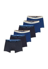 Ensemble de boxers pour hommes dans différentes nuances de bleu, avec une taille élastique arborant la marque "TOM TAILOR" et un motif imprimé sur une des paires.