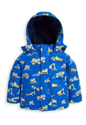 Giubbotto blu per bambini con motivo di veicolo da costruzione giallo, dotato di cappuccio, tasche frontali e texture trapuntata.