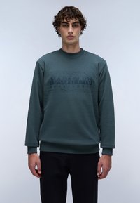 Felpa verde con collo rotondo e polsini a costine, caratterizzata da una stampa grafica verde scuro sul petto. In basso sono visibili pantaloni neri.