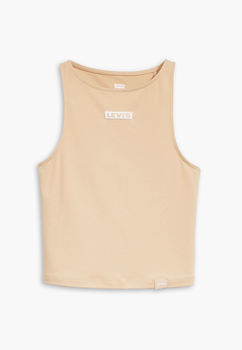 Béžový top bez rukávů značky Levi's vyrobený z hladkého materiálu, se kulatým výstřihem a malou značkovou etiketou na lemu.