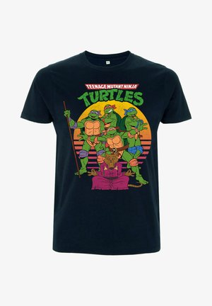 Black cotton t-shirt featuring a colorful graphic of four turtles and a seated character, with bold text "Teenage Mutant Ninja Turtles."