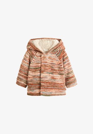 Strickjacke mit Kapuze in einer Mischung aus orangefarbenen, rosa und grünen Streifen. Verfügt über zwei Holzknöpfe und ein weiches, cremefarbenes Fleece-Futter.