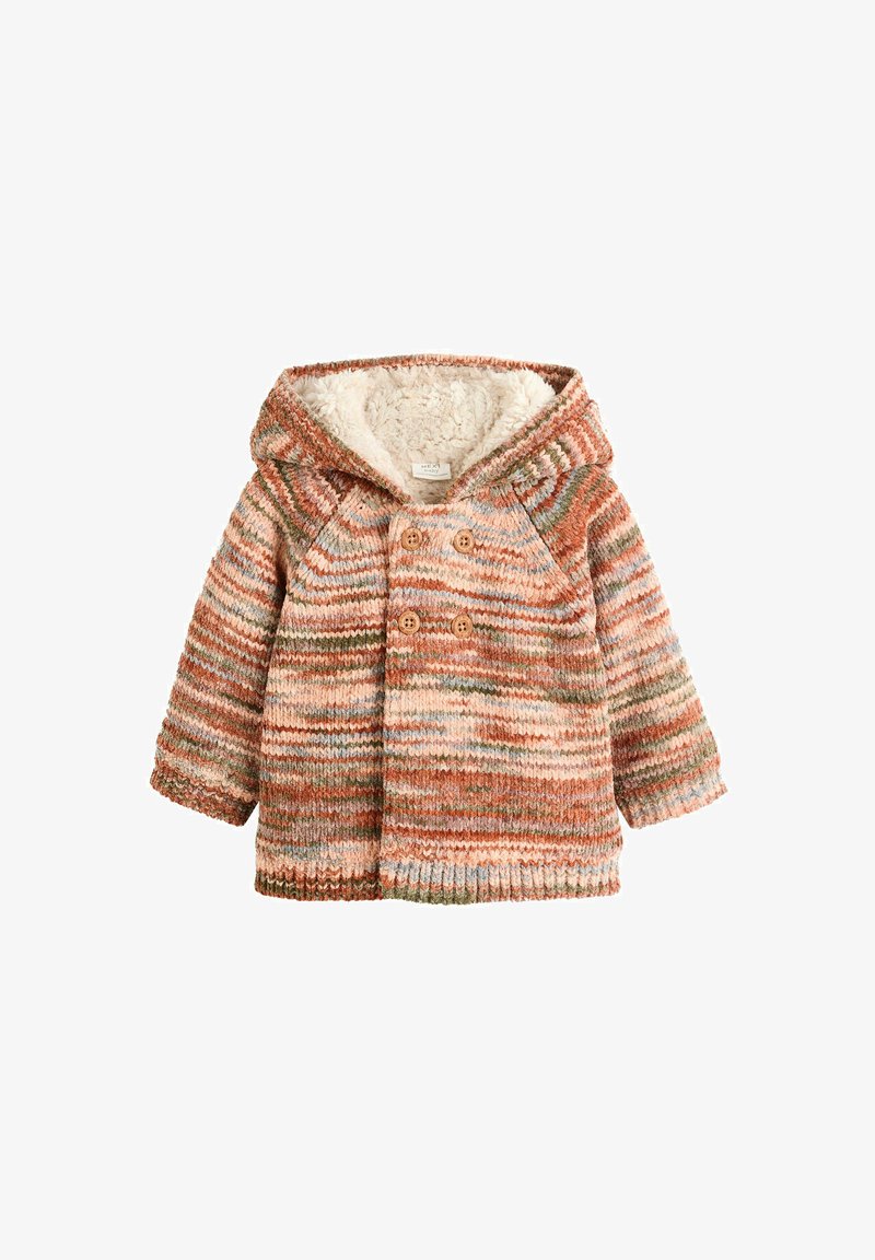 Strikket hættejakke med en blanding af orange, pink og grønne striber. Har to træknapper og en blød, cremefarvet fleeceforing.