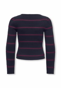 Pull en maille côtelée bleu marine à manches longues, avec de fines rayures horizontales rouge foncé, style ajusté, présenté de dos sur fond blanc.