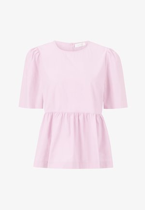 Helles rosa Kurzarmoberteil mit rundem Halsausschnitt, gerafftem Bund und glattem Baumwollstoff. Verfügt über einen Reißverschluss auf der Rückseite zum Schließen.