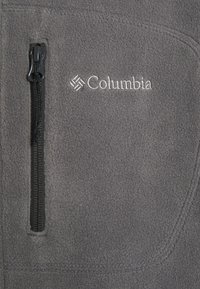 Szary fragment materiału polarowego z pionową czarną kieszenią na zamek błyskawiczny oraz białym haftowanym logo Columbia po prawej stronie.