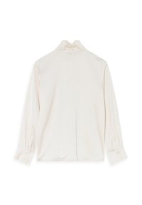 Langærmet, off-white skjorte med høj krave, glat tekstur og synlig lynlås bagpå. Har knaplukning ved ærmerne og lige snit.