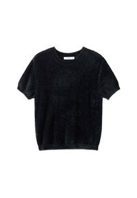 Suéter negro de manga corta hecho de material suave y esponjoso. Cuenta con un cuello redondo y un corte relajado con un dobladillo ligeramente recortado.