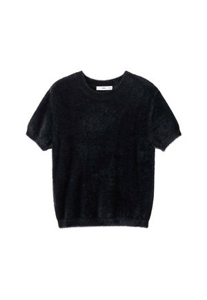 Pullover corto nero a maniche corte realizzato in materiale morbido e peloso. Presenta un colletto rotondo e una vestibilità rilassata con un orlo leggermente accorciato.