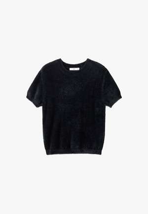 Pullover corto nero a maniche corte realizzato in materiale morbido e peloso. Presenta un colletto rotondo e una vestibilità rilassata con un orlo leggermente accorciato.