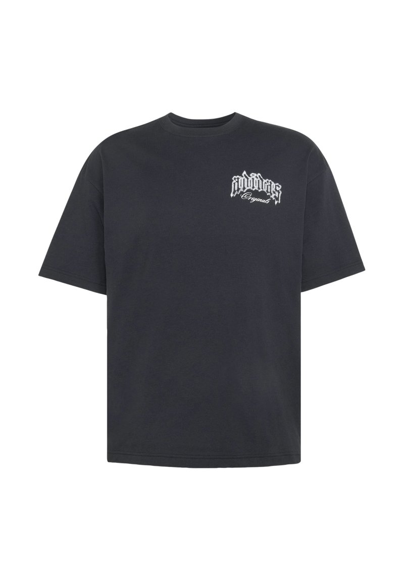 Camiseta negra de manga corta con el logo blanco estilizado de "adidas Originals" en el pecho izquierdo, cuello redondo y corte holgado.
