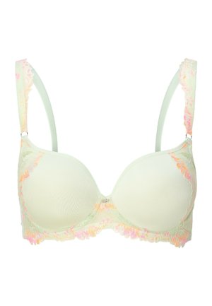 Světlé zelené vycpávané podprsenka s růžovým a oranžovým květinovým krajkovým zdobením na ramínkách a okrajích, s malým dekorativním přívěskem uprostřed.