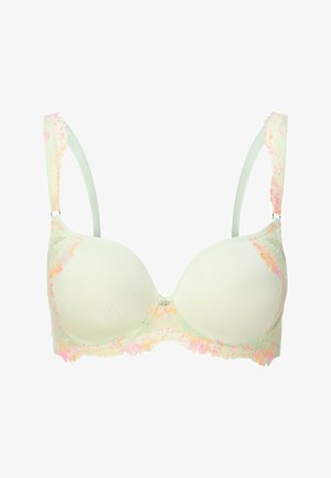 Soutien-gorge rembourré vert clair avec des détails en dentelle florale rose et orange sur les bretelles et les bords, avec un petit charm décoratif au centre.