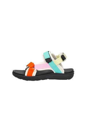 Sandale à bout ouvert avec semelle noire et sangles colorées en orange, rose, turquoise et jaune, avec des boucles noires réglables.