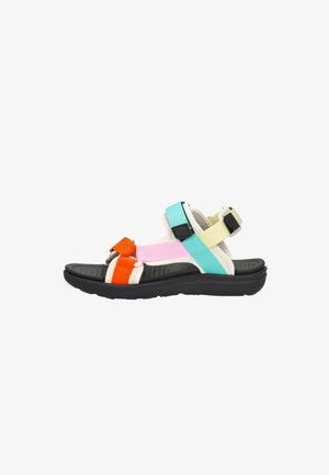 Sandale à bout ouvert avec semelle noire et sangles colorées en orange, rose, turquoise et jaune, avec des boucles noires réglables.