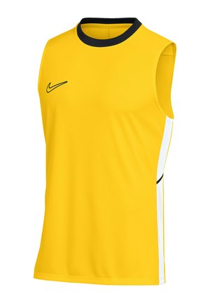 Žluté sportovní tílko bez rukávů s černým kulatým výstřihem, bílými bočními panely a černým logem Nike na levé straně hrudi.