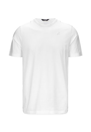 T-shirt bianco in cotone con scollo rotondo classico, maniche corte e un delicato dettaglio del marchio sul davanti. Texture liscia, vestibilità regolare.