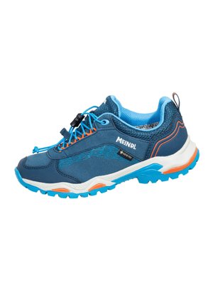 Blauer und oranger niedriger Wanderschuh mit Gore-Tex-Label, elastischen Schnürsenkeln und robuster Sohle, für den Outdoor-Einsatz entwickelt.
