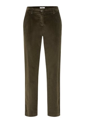 Olijfgroene corduroy broek met rechte pijpen, voorzien van een sluiting met een knoop aan de voorkant en een subtiele verticale ribbeltextuur over de gehele broek.