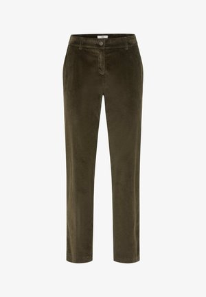 Pantalons en velours côtelé vert olive avec jambes droites, dotés d'une fermeture à bouton à l'avant et d'une légère texture à côtes verticales sur l'ensemble.