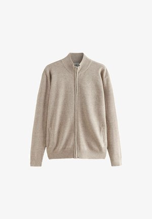 Beige zip-up cardigan made of textured knit fabric, featuring a ribbed collar, two side pockets, and a straight hem.