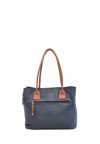 Marine leren tote bag met een gestructureerd oppervlak, bruine accenten, twee handvatten en een externe ritszak. Rechthoekige vorm, ruime indeling.