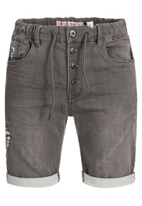 Grijze denim shorts met een koord in de taille, vijf knopen voor sluiting en opgerolde mouwen. Voorzien van een verweerde afwerking op de voorzak.