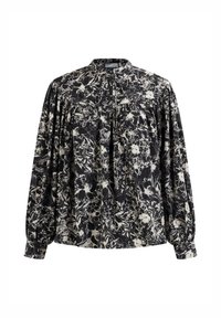 Black floral blouse with white patterns, high neckline, gathered details, and long puffed sleeves. Made from a lightweight fabric.