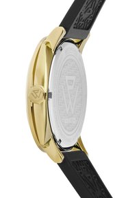 Gold-tone watch case with a black textured rubber strap. Round shape, stainless steel back features engraved logo and details.