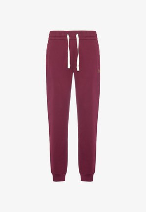 Pantaloni della tuta color bordeaux realizzati in morbido misto cotone, con vita regolabile tramite coulisse, polsini a coste e un piccolo logo dorato di lato.