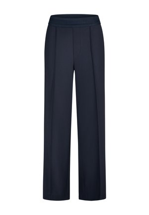 Marineblaue Hose mit weitem Bein, vorderen Bügelfalten und elastischem Bund, entworfen für eine lockere Passform.