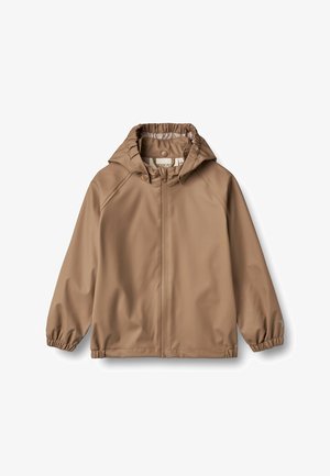 Lichtbruine ritsjack, gemaakt van lichtgewicht waterproof materiaal, met capuchon met elastische rand, lange mouwen met elastische manchetten en een ontspannen pasvorm.