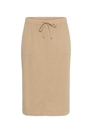 Beige, polvipituinen hame, jossa on elastinen vyötärö ja narusolki. Sisältää kaksi etutaskua ja sileän, kevyen kankaan tekstuurin.
