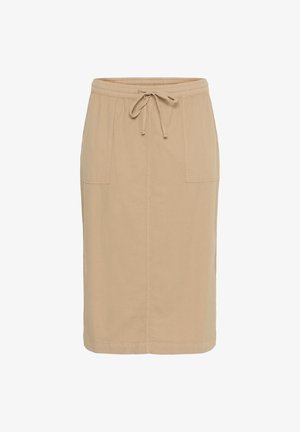 Beige, knielanger Rock mit elastischem Bund und Kordelzug. Verfügt über zwei Vordertaschen und eine glatte, leichte Stofftextur.