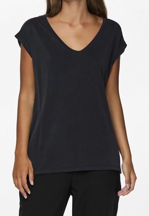 Zwarte korte mouwen V-hals t-shirt, gemaakt van zacht materiaal, met een relaxte pasvorm, subtiele textuur en zonder zichtbare patronen of accenten.