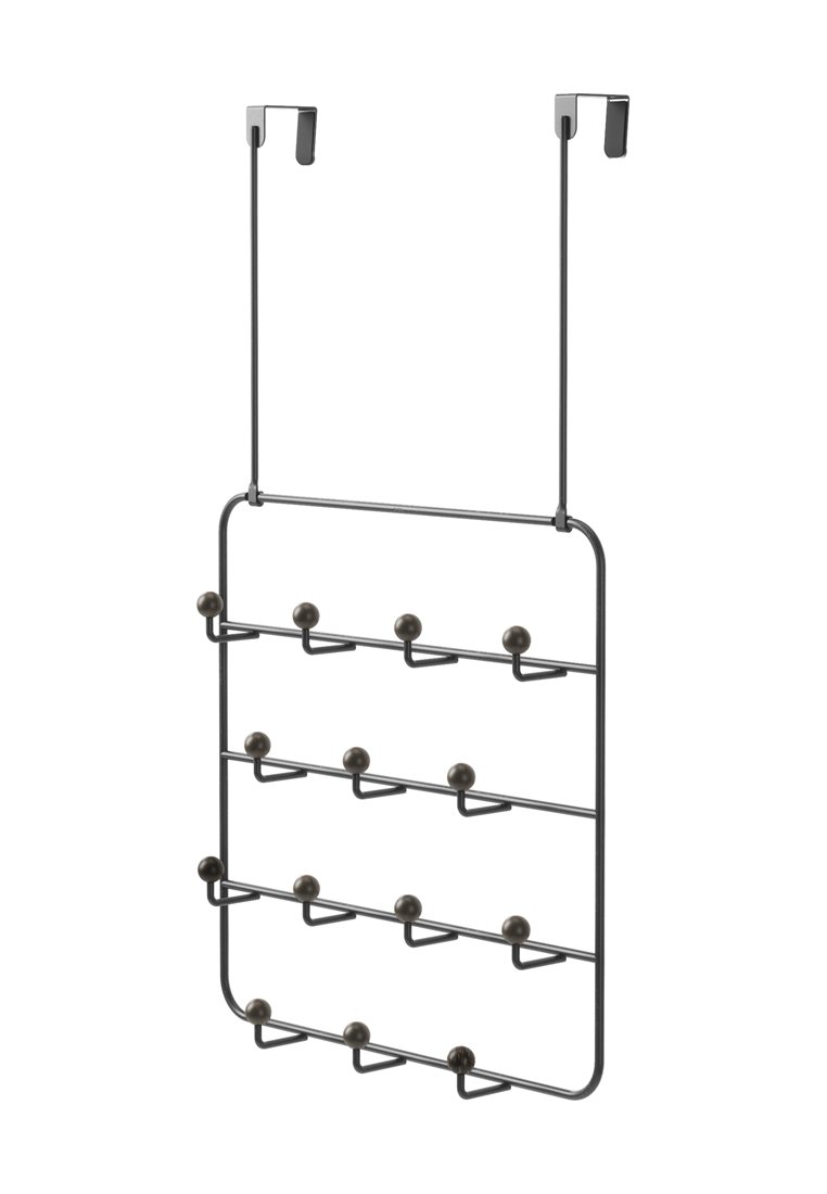Rastrelliera in metallo da parete con due ganci, presenta dieci barre orizzontali per lo stoccaggio, rifinita in un colore scuro con estremità rotonde.