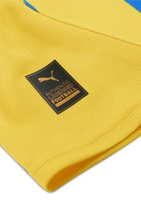 Gul fodboldtrøje i et tekstureret, åndbart stof. Har et sort mærke med guldtekst: "AUTENTISK LICENSERET FODBOLD" og logo.