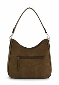 Braune Wildleder-Handtasche mit geschwungener Form, einem langen Riemen und einer vorderen Reißverschlusstasche. Die Kanten sind kontrastreich in Schwarz eingefasst.