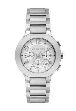 Zilverkleurige Michael Kors chronograaf polshorloge met metalen schakels, drie subdials, numerieke en index uurmarkeringen en datumweergave op 4 uur.