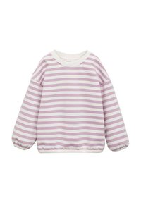 Světle fialová pruhovaná mikina s bílým kulatým výstřihem, dlouhými balónovými rukávy a jednoduchým lemem, vyrobená z měkké látky.