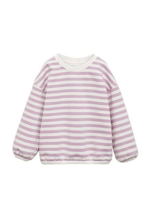 Sweatshirt rayé violet clair avec un col rond blanc, des manches bouffantes longues et un ourlet simple, fabriqué en tissu doux.