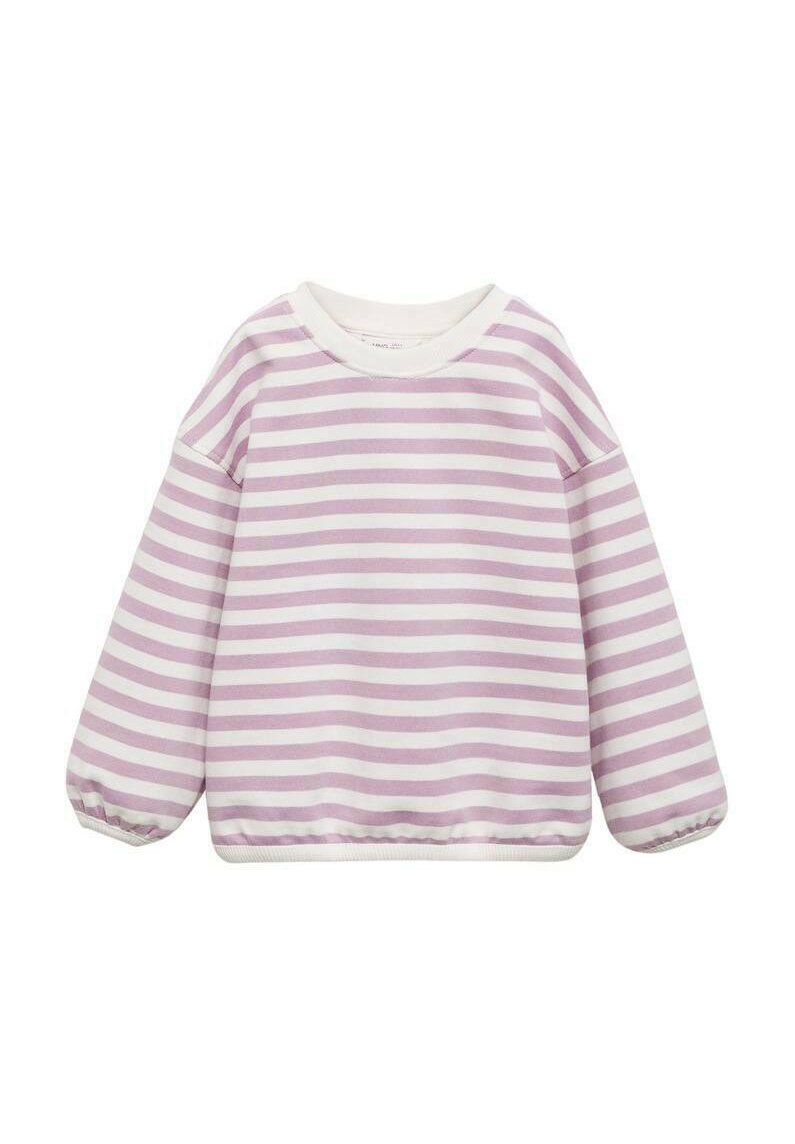 Světle fialová pruhovaná mikina s bílým kulatým výstřihem, dlouhými balónovými rukávy a jednoduchým lemem, vyrobená z měkké látky.