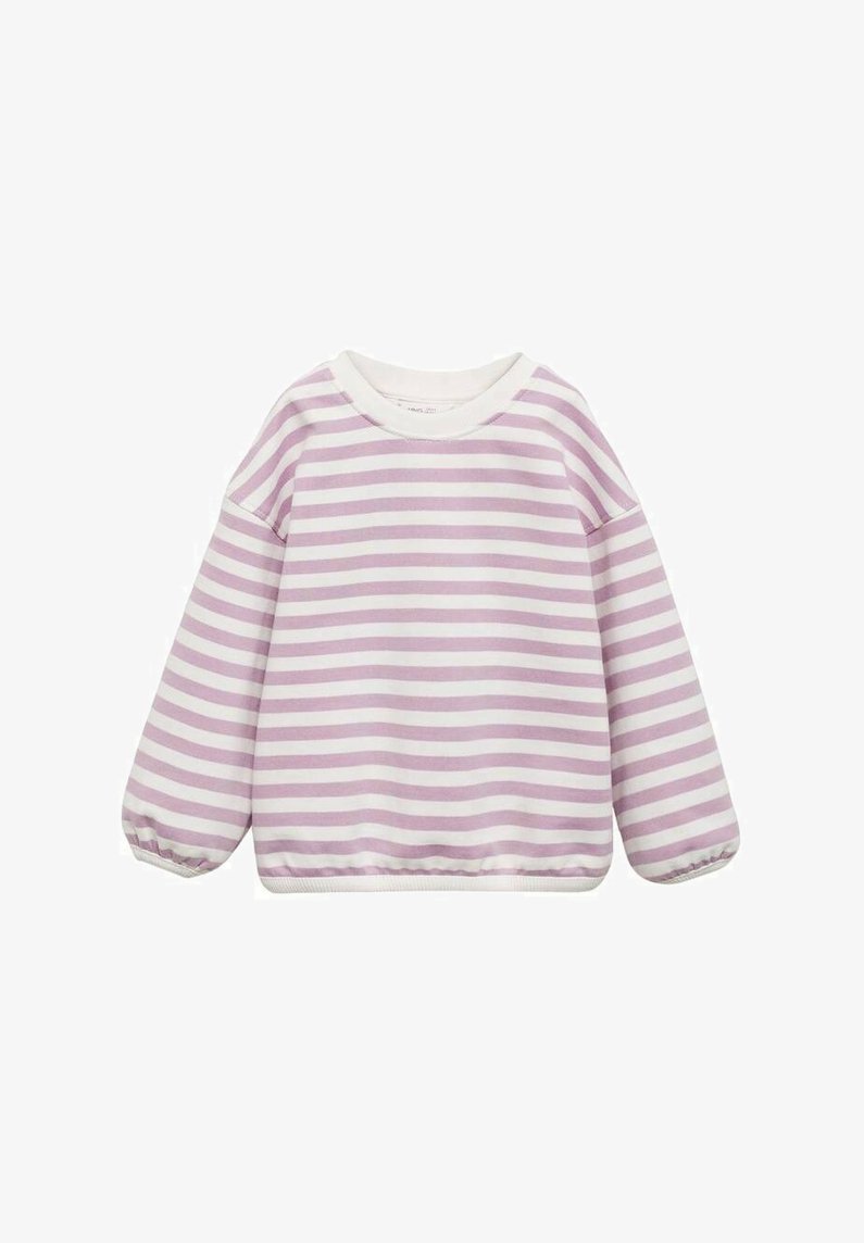 Sweatshirt rayé violet clair avec un col rond blanc, des manches bouffantes longues et un ourlet simple, fabriqué en tissu doux.