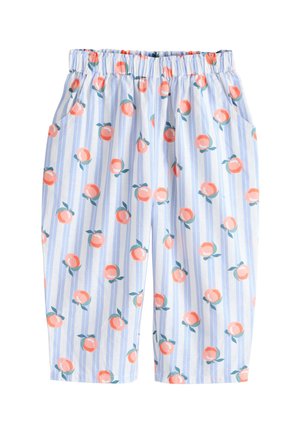 Pantaloni per bambini a righe azzurro chiaro e bianco con vita elastica, motivo a frutta di pesca sparsa e tasche laterali.