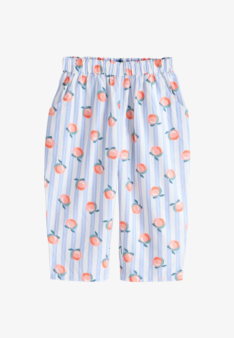 Pantalon pour enfants à rayures bleu clair et blanc avec taille élastique, motif de pêches dispersé et poches latérales.