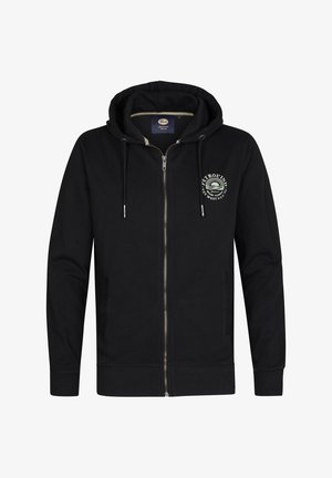 Sudadera negra con cremallera, fabricada en un material suave. Cuenta con una capucha ajustable y un logotipo gráfico en el pecho. Incluye bolsillos frontales y puños de canalé.