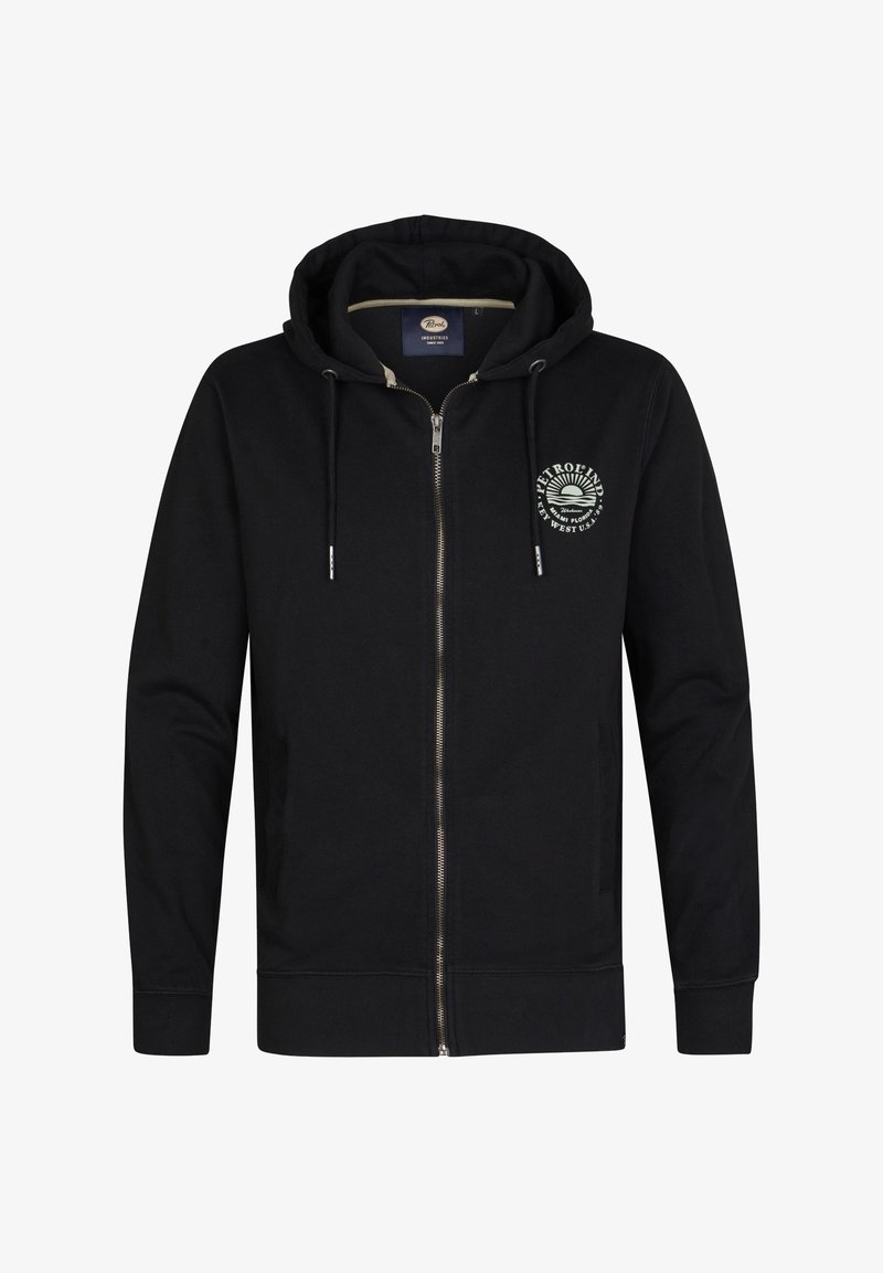 Felpa nera con zip realizzata in tessuto morbido. Presenta un cappuccio con cordino e un logo grafico sul petto. Include tasche frontali e polsini a costine.