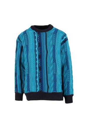 Stickad tröja i nyanser av blått med texturerade mönster, rund hals och ribbade ärmslut och nederkant. Har olika kabel- och randmönster.