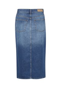 Farkkuhame, polvipituinen, средне-синий отбеливанием, прямой крой, пять карманов, деталь на спинке, кожаный логотип на поясе.